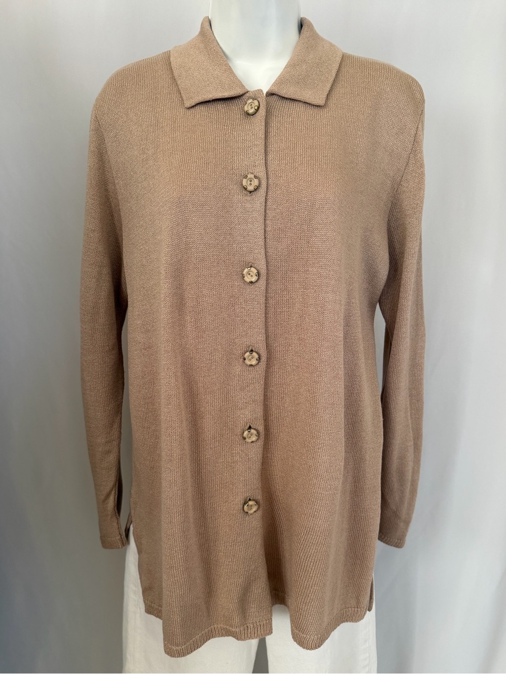 90s Minimalist Dylani Knitwear Button-Front Collared Sweater Taupe/Tan M/L